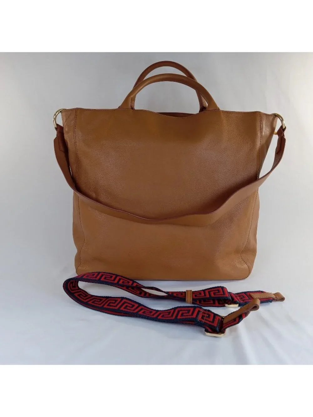 Mark & Graham Camel Leather Tote Bag Tan Brown Leather and Twill Straps 13x15